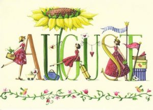 Image: The word August flanked by flowers and young women in summer dresses.